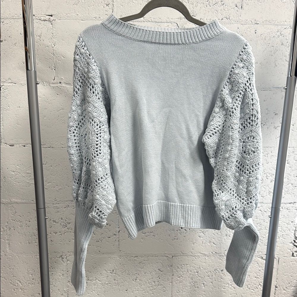 Light Blue Sweater with Crochet Sleeves - Long Sleeve FATE Sweater Size Medium